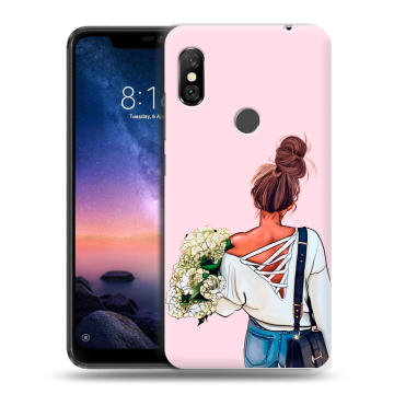 Силиконовый чехол на Xiaomi RedMi Note 6 Pro с принтом Девушка и букет Силиконовый чехол на Xiaomi RedMi Note 6 Pro с принтом Девушка и букет