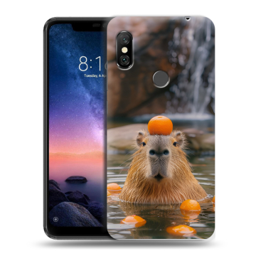 Силиконовый чехол на Xiaomi RedMi Note 6 Pro с принтом Капибара с апельсином Силиконовый чехол на Xiaomi RedMi Note 6 Pro с принтом Капибара с апельсином