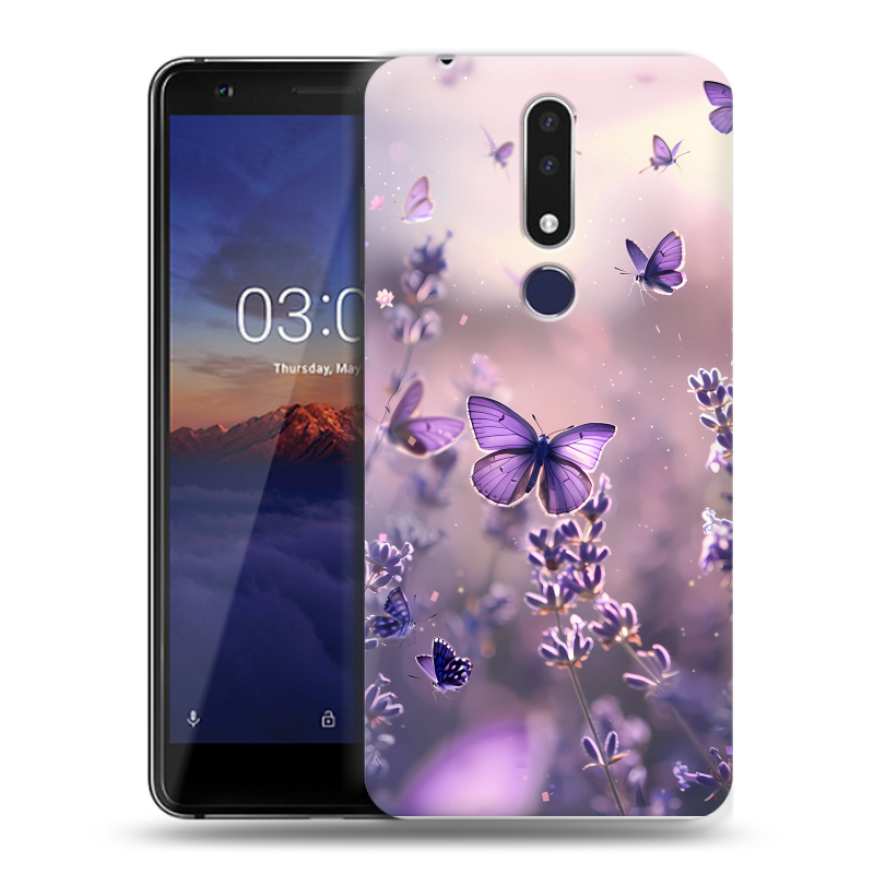 Силиконовый чехол на Nokia 3.1 Plus с принтом бабочки и лаванда Силиконовый чехол на Nokia 3.1 Plus с принтом бабочки и лаванда