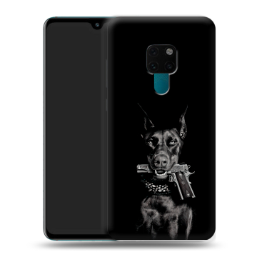 Силиконовый чехол на Huawei Mate 20 с принтом Доберман и пистолет