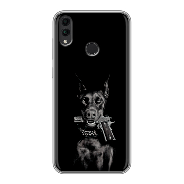 Силиконовый чехол на Huawei Honor 8C с принтом Доберман и пистолет Силиконовый чехол на Huawei Honor 8C с принтом Доберман и пистолет
