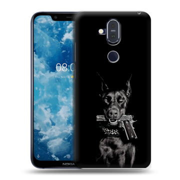 Пластиковый чехол на Nokia 8.1 с принтом Доберман и пистолет Пластиковый чехол на Nokia 8.1 с принтом Доберман и пистолет