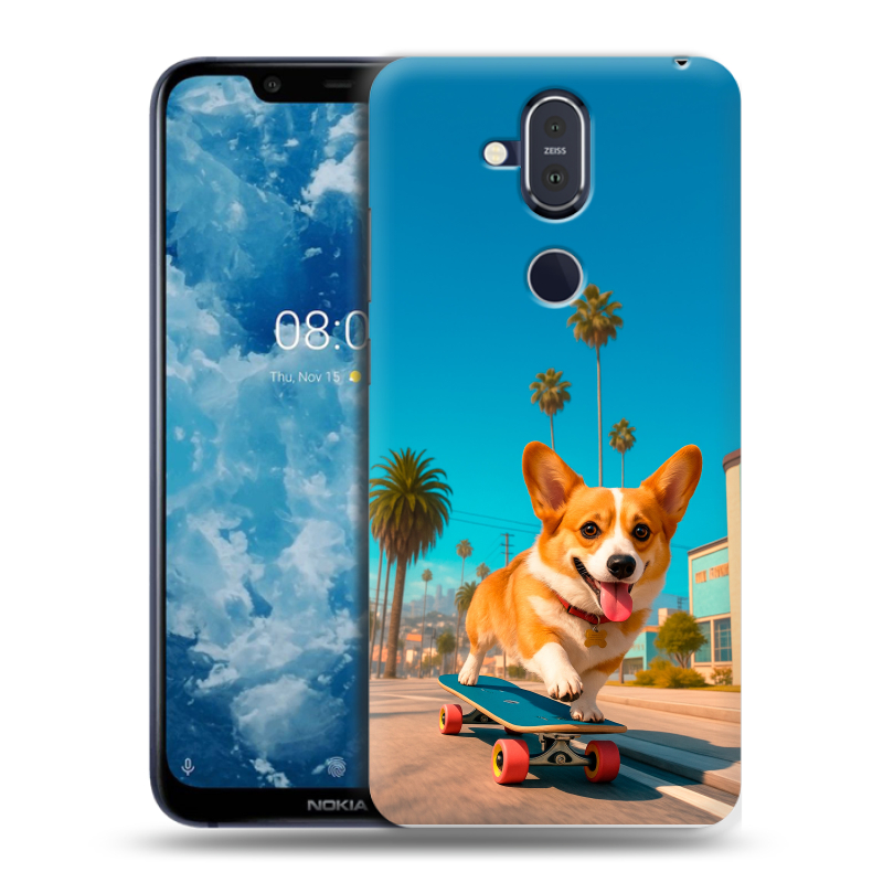 Пластиковый чехол на Nokia 8.1 с принтом Корги на скейте Пластиковый чехол на Nokia 8.1 с принтом Корги на скейте