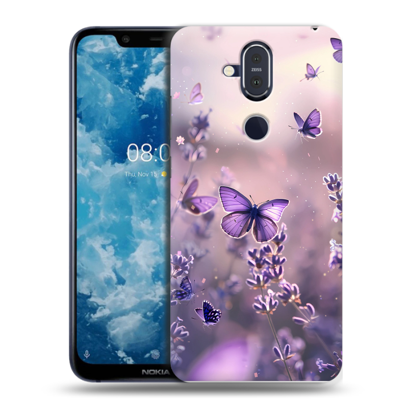 Пластиковый чехол на Nokia 8.1 с принтом бабочки и лаванда Пластиковый чехол на Nokia 8.1 с принтом бабочки и лаванда
