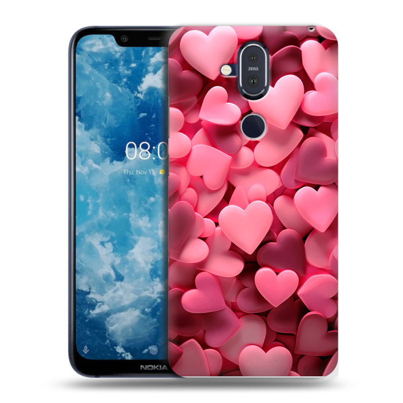 Пластиковый чехол на Nokia 8.1 с принтом розовые сердечки Пластиковый чехол на Nokia 8.1 с принтом розовые сердечки
