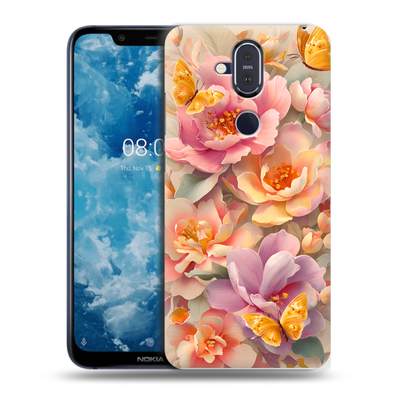 Пластиковый чехол на Nokia 8.1 с принтом Цветы и бабочки Пластиковый чехол на Nokia 8.1 с принтом Цветы и бабочки