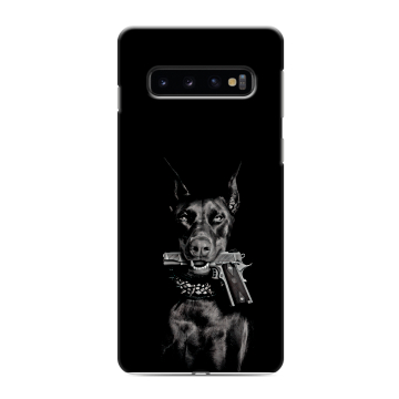 Силиконовый противоударный чехол на Samsung Galaxy S10 с принтом Доберман и пистолет