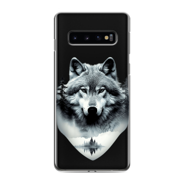 Силиконовый противоударный чехол на Samsung Galaxy S10 с принтом Волк в лесу Силиконовый противоударный чехол на Samsung Galaxy S10 с принтом Волк в лесу