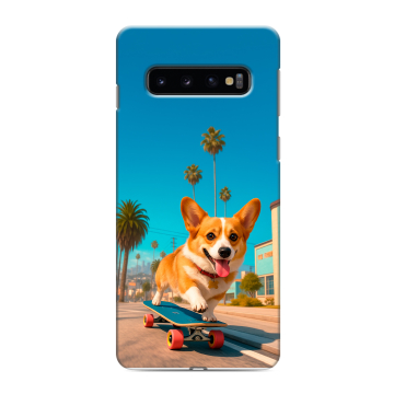 Силиконовый противоударный чехол на Samsung Galaxy S10 с принтом Корги на скейте Силиконовый противоударный чехол на Samsung Galaxy S10 с принтом Корги на скейте