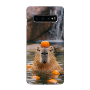 Силиконовый противоударный чехол на Samsung Galaxy S10 с принтом Капибара с апельсином Силиконовый противоударный чехол на Samsung Galaxy S10 с принтом Капибара с апельсином