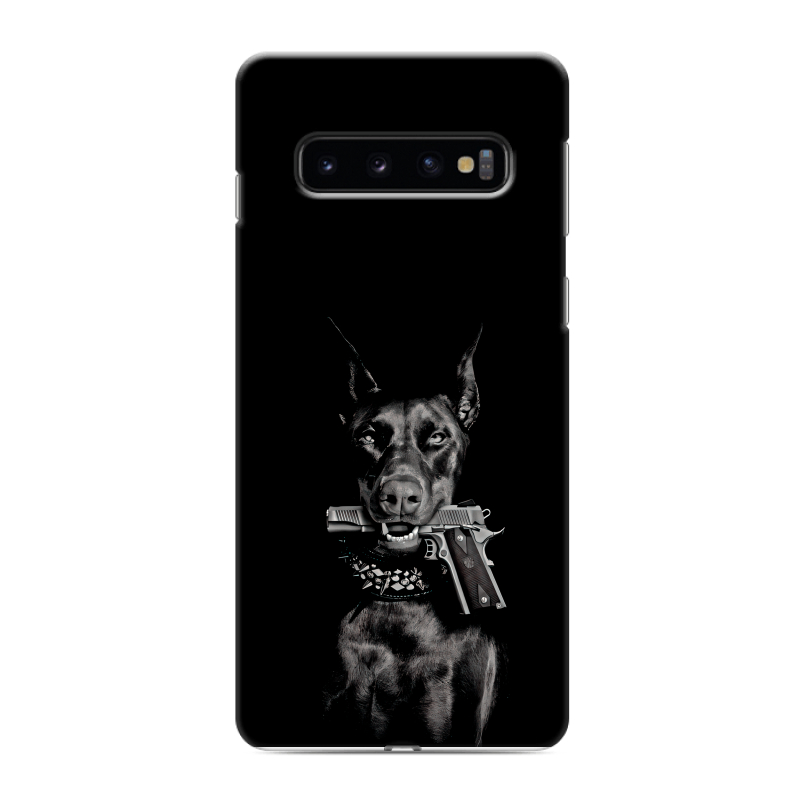 Силиконовый противоударный чехол на Samsung Galaxy S10 с принтом Доберман и пистолет Силиконовый противоударный чехол на Samsung Galaxy S10 с принтом Доберман и пистолет