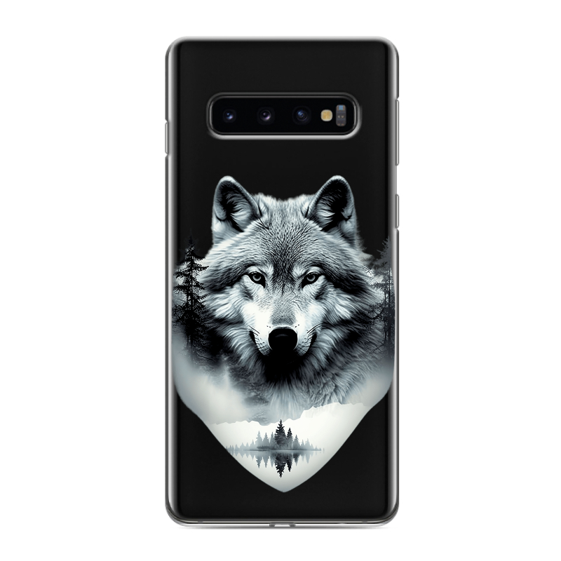 Силиконовый противоударный чехол на Samsung Galaxy S10 с принтом Волк в лесу Силиконовый противоударный чехол на Samsung Galaxy S10 с принтом Волк в лесу