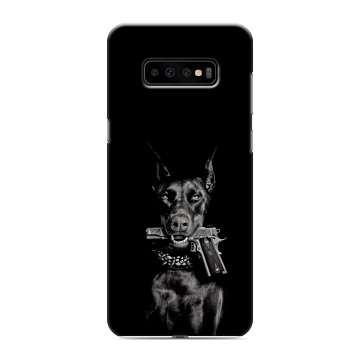 Силиконовый чехол на Samsung Galaxy S10 Plus с принтом Доберман и пистолет Силиконовый чехол на Samsung Galaxy S10 Plus с принтом Доберман и пистолет
