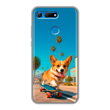 Силиконовый противоударный чехол на Huawei Honor View 20 с принтом Корги на скейте Силиконовый противоударный чехол на Huawei Honor View 20 с принтом Корги на скейте