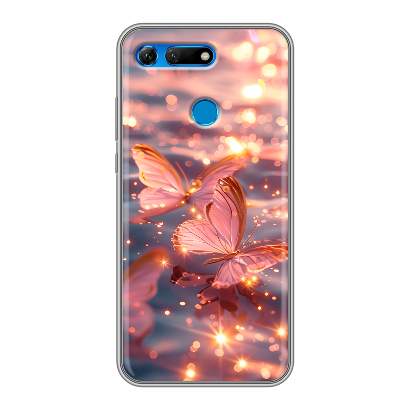 Силиконовый противоударный чехол на Huawei Honor View 20 с принтом бабочки розовые Силиконовый противоударный чехол на Huawei Honor View 20 с принтом бабочки розовые