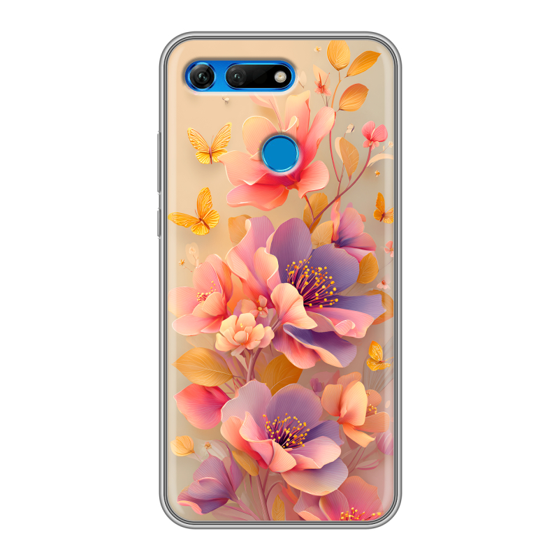 Силиконовый противоударный чехол на Huawei Honor View 20 с принтом Цветы и бабочки Силиконовый противоударный чехол на Huawei Honor View 20 с принтом Цветы и бабочки