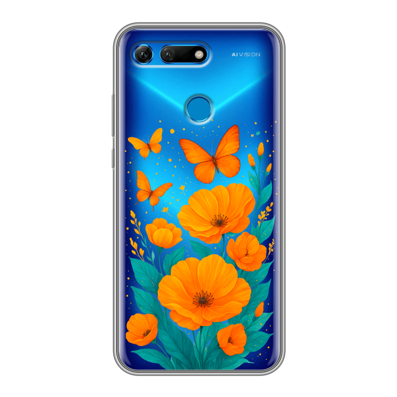 Силиконовый противоударный чехол на Huawei Honor View 20 с принтом цветы бабочки Силиконовый противоударный чехол на Huawei Honor View 20 с принтом цветы бабочки