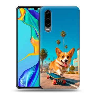 Силиконовый чехол на Huawei P30 с принтом Корги на скейте