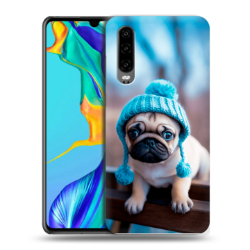 Силиконовый чехол на Huawei P30 с принтом Мопс в шапке