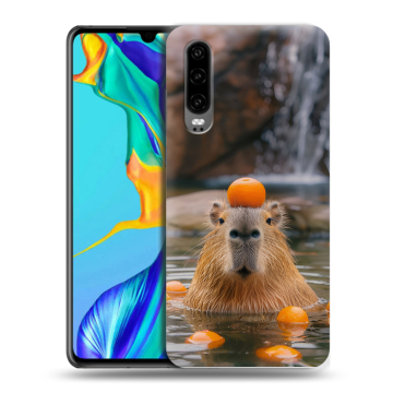 Силиконовый чехол на Huawei P30 с принтом Капибара с апельсином