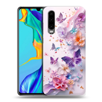 Силиконовый чехол на Huawei P30 с принтом цветы бабочки