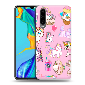 Силиконовый чехол на Huawei P30 с принтом розовые единороги