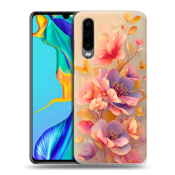 Силиконовый чехол на Huawei P30 с принтом Цветы и бабочки Силиконовый чехол на Huawei P30 с принтом Цветы и бабочки