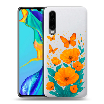 Силиконовый чехол на Huawei P30 с принтом цветы бабочки Силиконовый чехол на Huawei P30 с принтом цветы бабочки