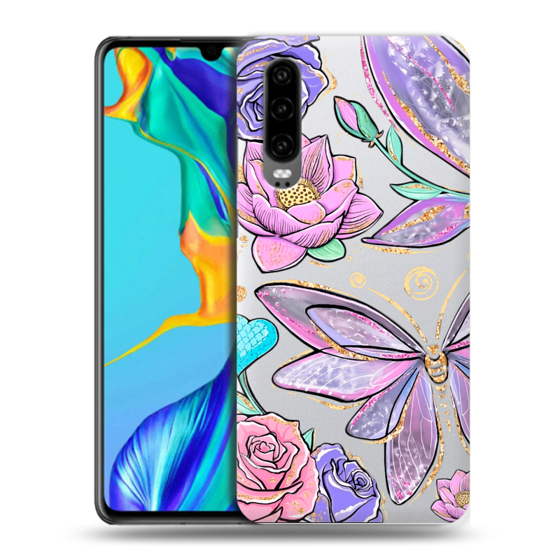 Пластиковый чехол на Huawei P30 с принтом Бабочки и цветы Пластиковый чехол на Huawei P30 с принтом Бабочки и цветы