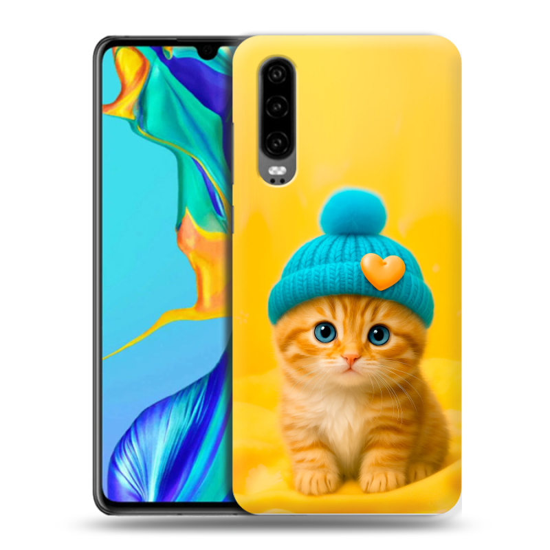 Пластиковый чехол на Huawei P30 с принтом Котенок в шапке Пластиковый чехол на Huawei P30 с принтом Котенок в шапке