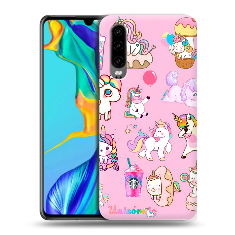 Пластиковый чехол на Huawei P30 с принтом розовые единороги Пластиковый чехол на Huawei P30 с принтом розовые единороги