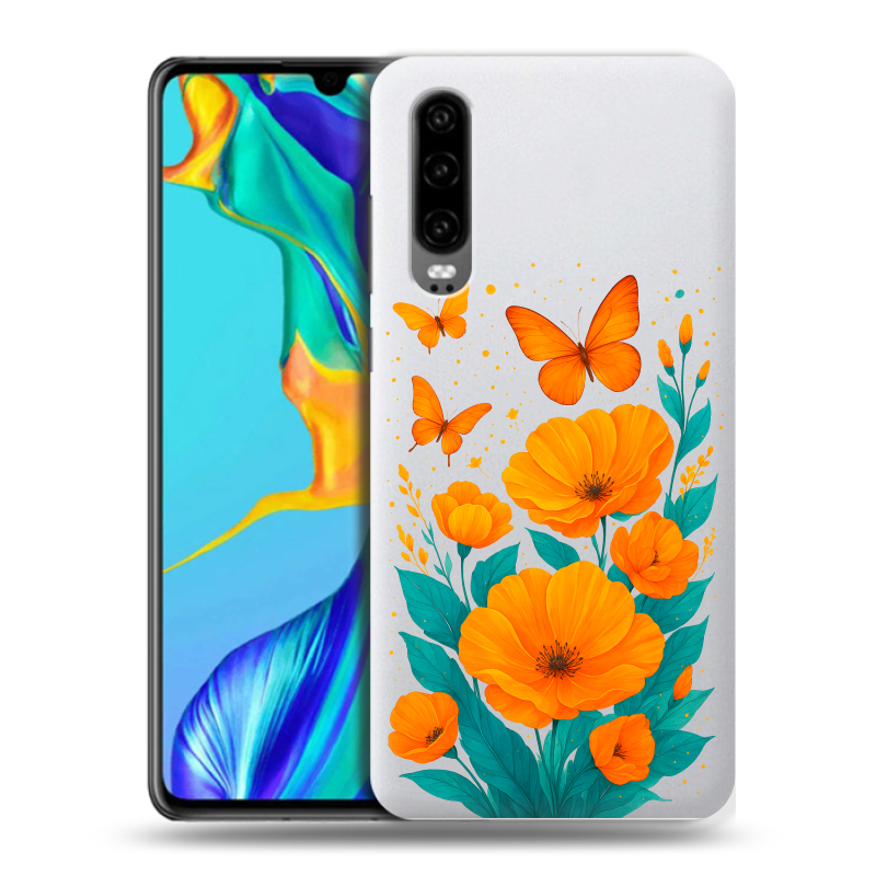 Пластиковый чехол на Huawei P30 с принтом цветы бабочки Пластиковый чехол на Huawei P30 с принтом цветы бабочки
