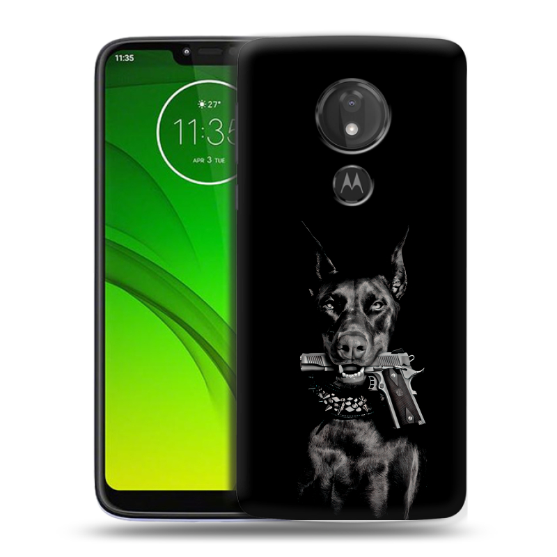 Силиконовый чехол на Motorola Moto G7 Power с принтом Доберман и пистолет Силиконовый чехол на Motorola Moto G7 Power с принтом Доберман и пистолет