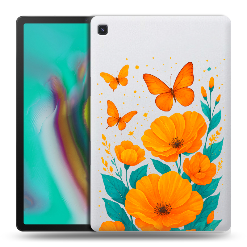 Силиконовый противоударный чехол на Samsung Galaxy Tab S5e с принтом цветы бабочки Силиконовый противоударный чехол на Samsung Galaxy Tab S5e с принтом цветы бабочки