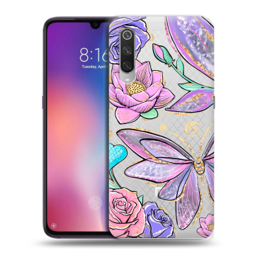 Силиконовый противоударный чехол на Xiaomi Mi9 с принтом Бабочки и цветы Силиконовый противоударный чехол на Xiaomi Mi9 с принтом Бабочки и цветы