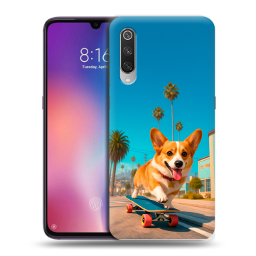 Силиконовый противоударный чехол на Xiaomi Mi9 с принтом Корги на скейте Силиконовый противоударный чехол на Xiaomi Mi9 с принтом Корги на скейте