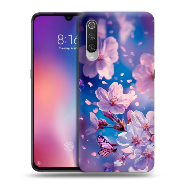 Силиконовый противоударный чехол на Xiaomi Mi9 с принтом цветы бабочки Силиконовый противоударный чехол на Xiaomi Mi9 с принтом цветы бабочки