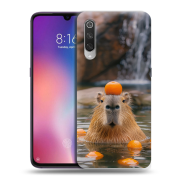 Силиконовый противоударный чехол на Xiaomi Mi9 с принтом Капибара с апельсином Силиконовый противоударный чехол на Xiaomi Mi9 с принтом Капибара с апельсином