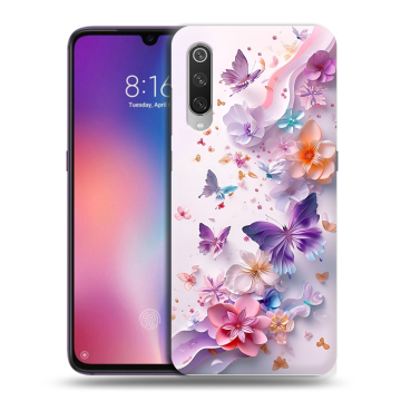Силиконовый противоударный чехол на Xiaomi Mi9 с принтом цветы бабочки Силиконовый противоударный чехол на Xiaomi Mi9 с принтом цветы бабочки