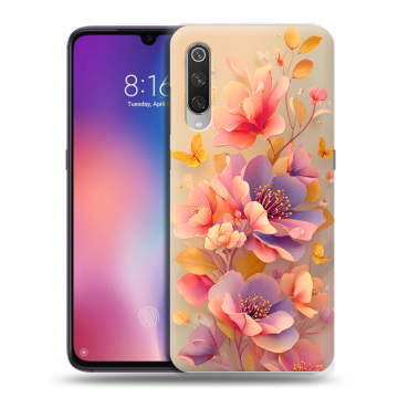Силиконовый противоударный чехол на Xiaomi Mi9 с принтом Цветы и бабочки Силиконовый противоударный чехол на Xiaomi Mi9 с принтом Цветы и бабочки