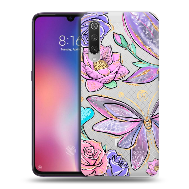 Силиконовый противоударный чехол на Xiaomi Mi9 с принтом Бабочки и цветы Силиконовый противоударный чехол на Xiaomi Mi9 с принтом Бабочки и цветы