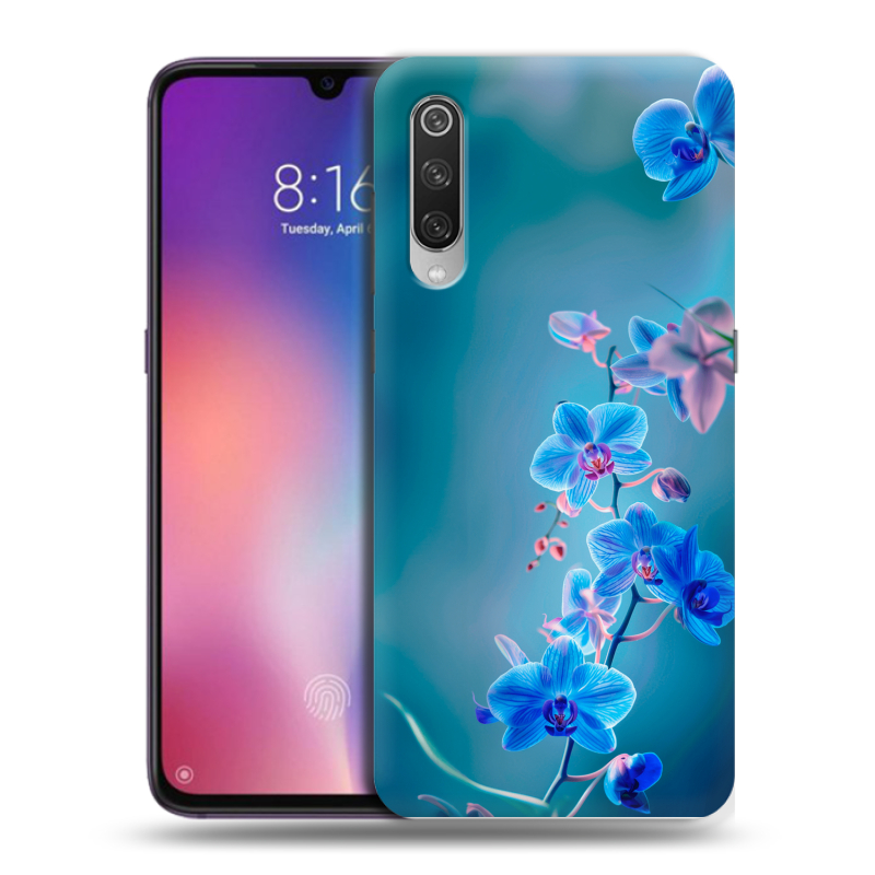 Силиконовый противоударный чехол на Xiaomi Mi9 с принтом Голубые цветы Силиконовый противоударный чехол на Xiaomi Mi9 с принтом Голубые цветы