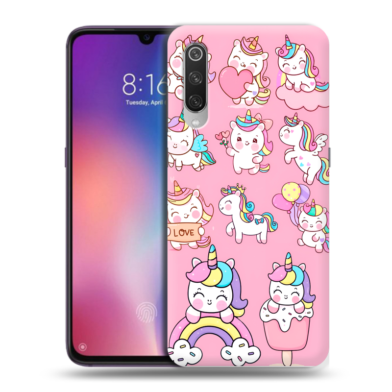 Силиконовый противоударный чехол на Xiaomi Mi9 с принтом Единороги и радуга Силиконовый противоударный чехол на Xiaomi Mi9 с принтом Единороги и радуга