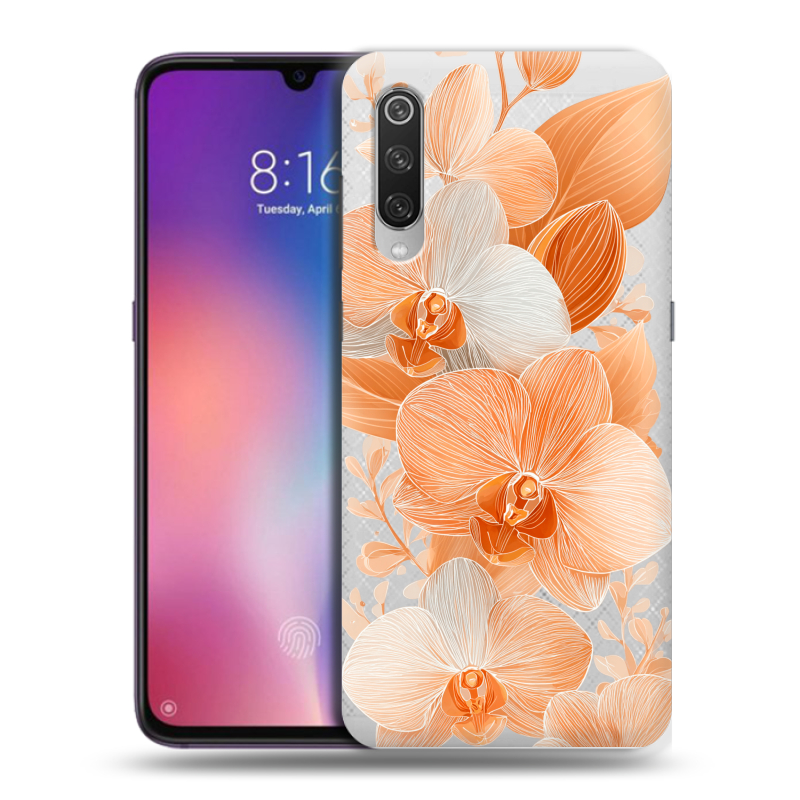 Силиконовый противоударный чехол на Xiaomi Mi9 с принтом Бежевые цветы Силиконовый противоударный чехол на Xiaomi Mi9 с принтом Бежевые цветы