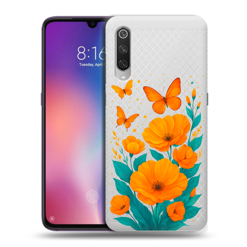 Пластиковый чехол на Xiaomi Mi9 с принтом цветы бабочки Пластиковый чехол на Xiaomi Mi9 с принтом цветы бабочки