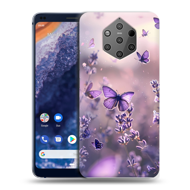 Пластиковый чехол на Nokia 9 PureView с принтом бабочки и лаванда Пластиковый чехол на Nokia 9 PureView с принтом бабочки и лаванда
