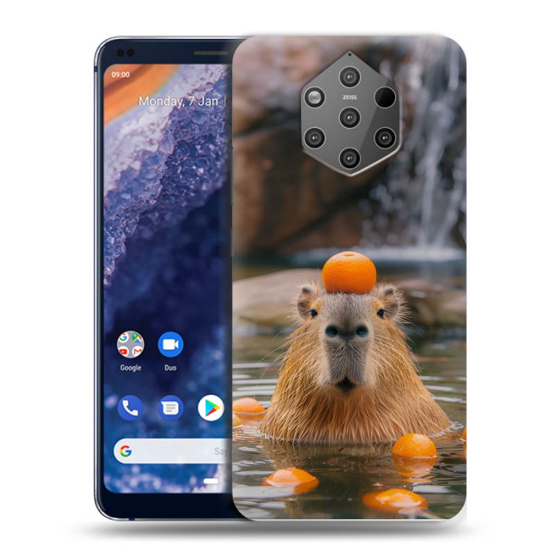 Пластиковый чехол на Nokia 9 PureView с принтом Капибара с апельсином Пластиковый чехол на Nokia 9 PureView с принтом Капибара с апельсином