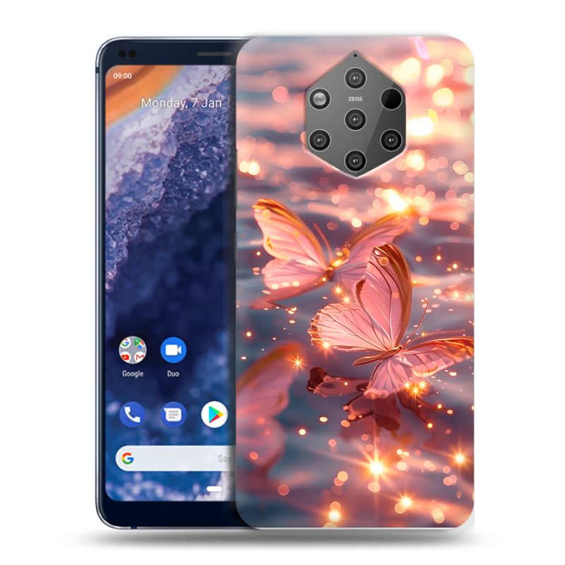 Пластиковый чехол на Nokia 9 PureView с принтом бабочки розовые Пластиковый чехол на Nokia 9 PureView с принтом бабочки розовые
