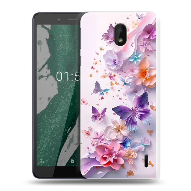 Силиконовый чехол на Nokia 1 Plus с принтом цветы бабочки Силиконовый чехол на Nokia 1 Plus с принтом цветы бабочки