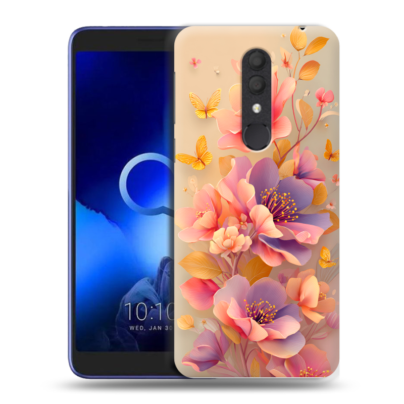 Силиконовый чехол на Alcatel 1X (2019) с принтом Цветы и бабочки Силиконовый чехол на Alcatel 1X (2019) с принтом Цветы и бабочки